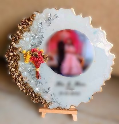 Small personalised white resin photo plaque with gold edge